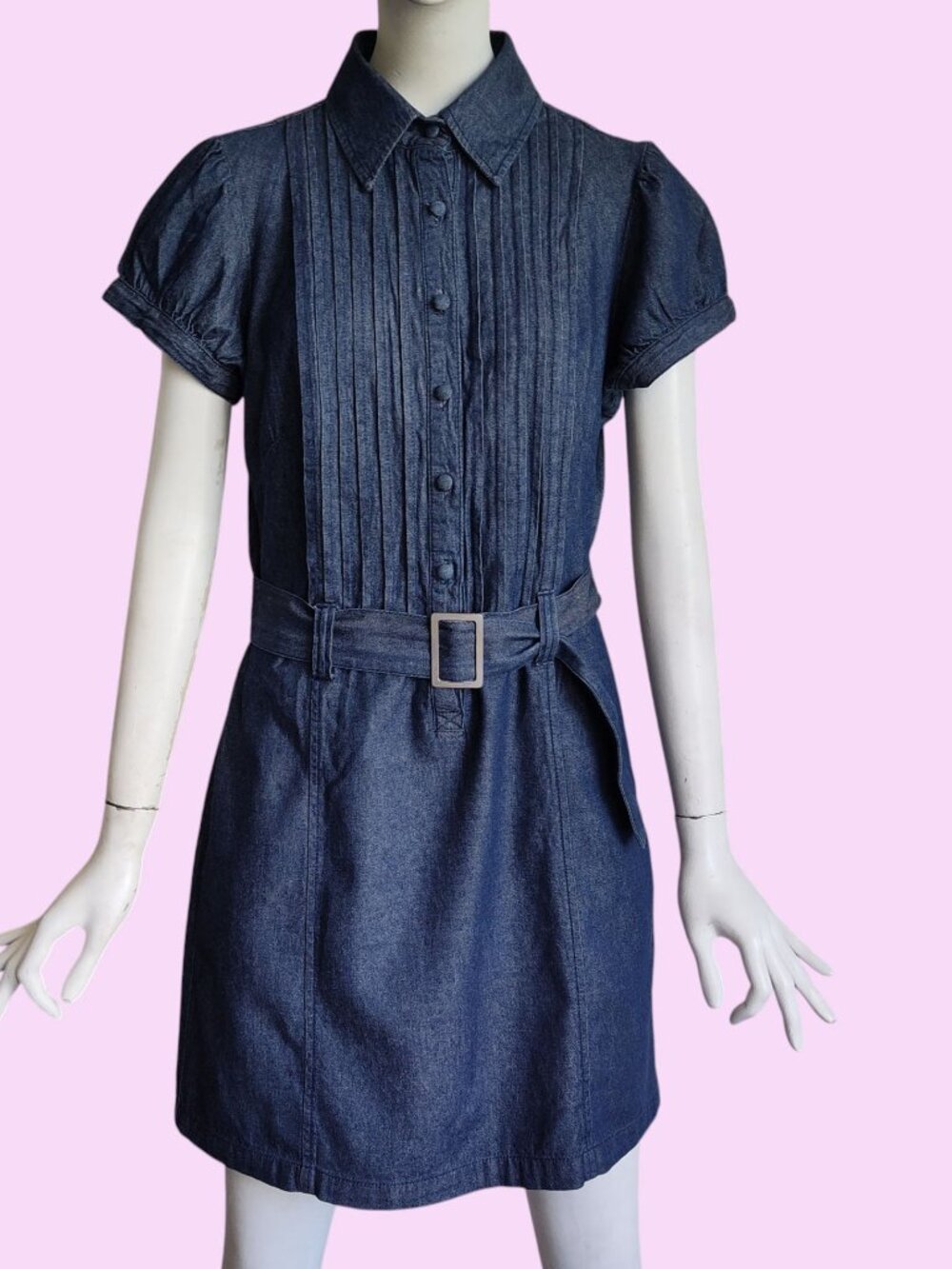 Hot Kiss Y2K Button Front Puff Sleeve Pintuck Belt Denim Dress L Missing Button